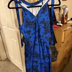 Floral halter midi dress – royal blue and black