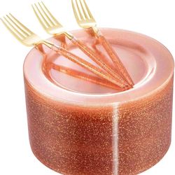 D7# 96pcs Pink Gold Plastic Dessert Plates, Gold Plastic Forks,Plastic Salad Plates Pink Glitter, 48 Pink Appetizer Plates,48 Pink Plastic Forks for P