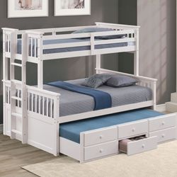 Brand New White Twin Over Full Bunk Bed w Trundle Bed + Drawers 