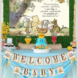Winnie the Pooh Baby Shower Décor Bundle - Backdrop,  Centerpieces, Banner, Drink Signs, Cupcake top