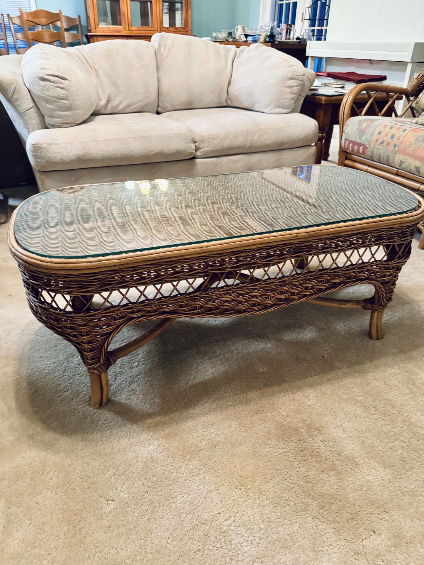 1960s Boho Chic Rattan Coffee Table – Glass Top