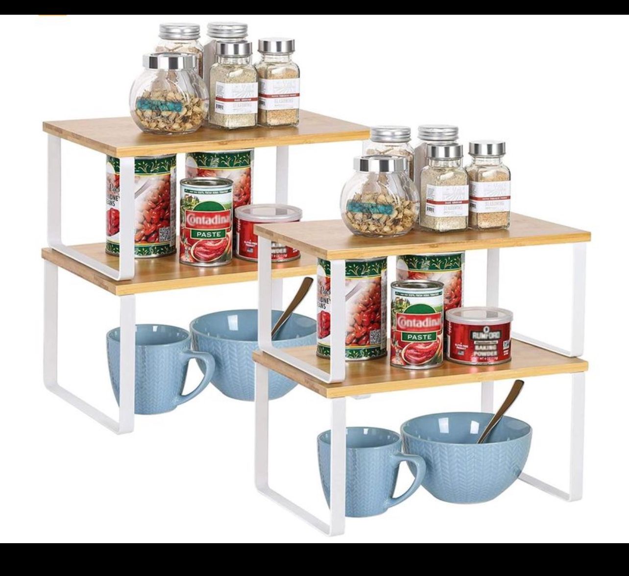 Set of 4 Bamboo Kitchen Cabinet and Counter Shelf Organizer, Stackable & Expandable