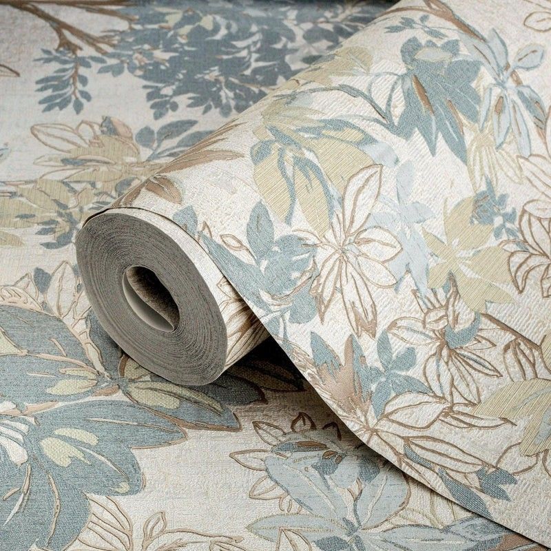 Beige, Green Elegant Embossed Leaf Pattern Wallpaper, 3D Textured Floral Plants Botanic Wall Paper