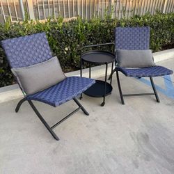 New In Box 2 Chair And 1 Rolling Table Cart Navy Blue And Black Or Beige Patio With Pillows Furniture Set 