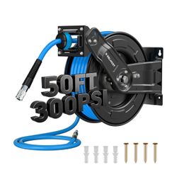 Retractable Air Hose Reel, 50 ft x 3/8 in Hybrid Air Hose Max 300PSI, Heavy Duty Air Compressor Hose Reel with Auto Rewind, Ceiling/Wall Mount for Gar