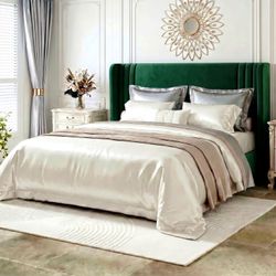 Queen Size Bed Frame, Velvet Platform Bed with Upholstered Wingback Headboard, No Box Spring Needed, Green