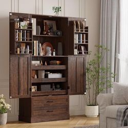 71" Kitchen Pantry Cabinet, 3 Pull-Out Shelves & 2 Drawers, Brown Tall Farmhouse Pantry Storage Cabinet with 6 Door Shelf & Adjustable Shelf, Freestan