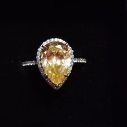 Yellow Pear Shaped Cubic Zirconia Sterling Silver Ring Size 8