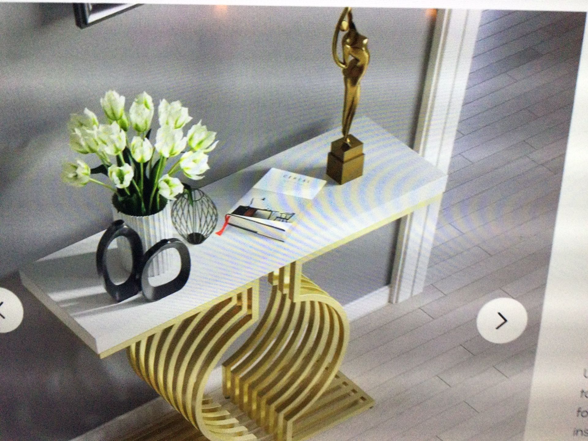 MODERN 39.4 NARROW CONSOLE TABLE WITH GEOMETRIC METAL BASE FAUX MARBLE LOOK WHITE/GRAY TOP AND GOLD BASE COLOR.