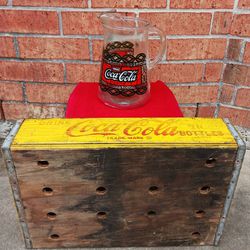 Vintage Wooden Coca-Cola Crate & Stained Glass Patterened 2 Quart Glass Coca-Cola Pitcher 