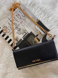 Authentic Prada Saffiano Line Gold Logo Wallet On Chain Crossbody Bag-Black