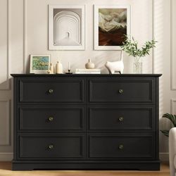 Black Dresser,6 Drawer Dresser for bedroom,Retro Wood Storage Cabinet for Living Room