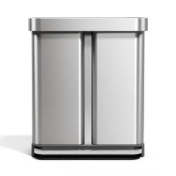 simplehuman 58 Liter / 15.3 Gallon Rectangular Hands-Free Dual Compartment Recycling Kitchen Step Trash Can with Soft-Close Lid, Brushed Stainless Ste