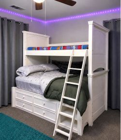 SOLID WOOD Twin Over Queen Bunk Bed w/ Storage + Twin Mattress