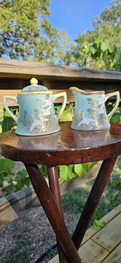 Nippon Antique Hand Painted Flying Geese Aqua Jewel Moriage Creamer Sugar Bowl Set