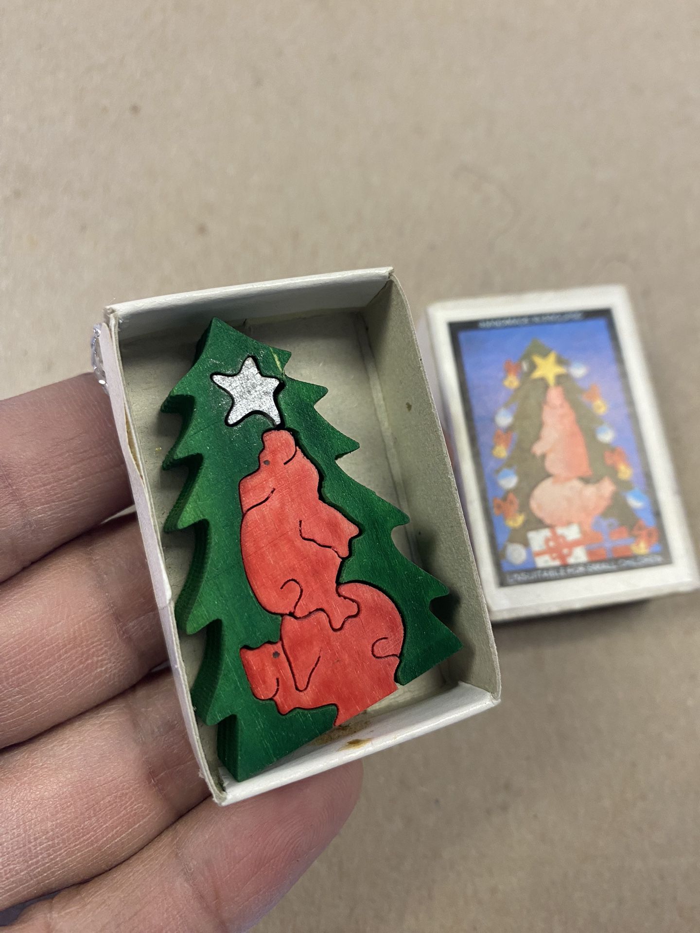Vintage Miniature Wood Puzzle Ornament Pig Christmas Tree Matchbox