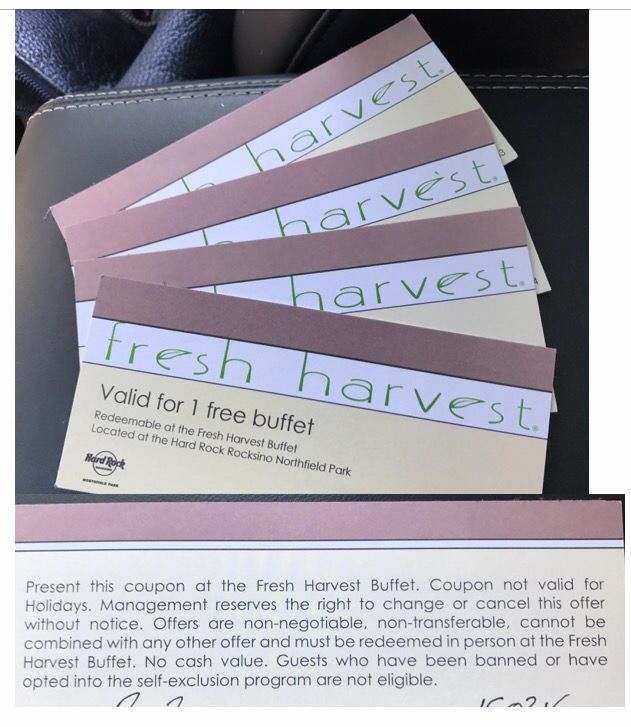 FRESH HARVEST BUFFET HARD ROCKSINO NORTHFIELD PARK 4 FREE VOUCHERS FOR BUFFET