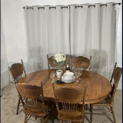 Oak Dining Table With Extension & 6 Pressed Back Chairs