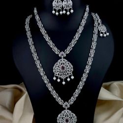 Beautiful Double Layer Cubic Zirconia Necklace Set with Earrings