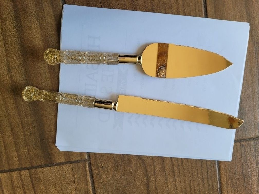 Wedding Cake Knife and Server Set with Glitter Gold Color Plastic Handles