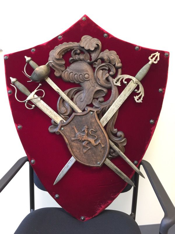 Vintage Medieval Coat of Arms and Steel Sword Set
