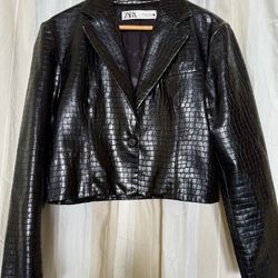 Zara - Cropped Jacket, Black Faux snake print- Size Small, front button closure. 