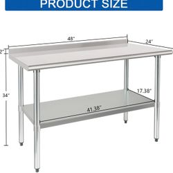 Stainless Steel Table Prep & Work Table 24 x 48 Inches NSF Heavy Duty Commercial with Undershelf and Backsplash for Restaurant Kitchen Home and Hotel