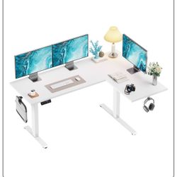 71 x 48 inch Dual Motor L Shaped Electric Standing Desk with 3 Preset Heights, Electric Height Adjustable Computer Table, 2 Hooks & Cable Tray, White