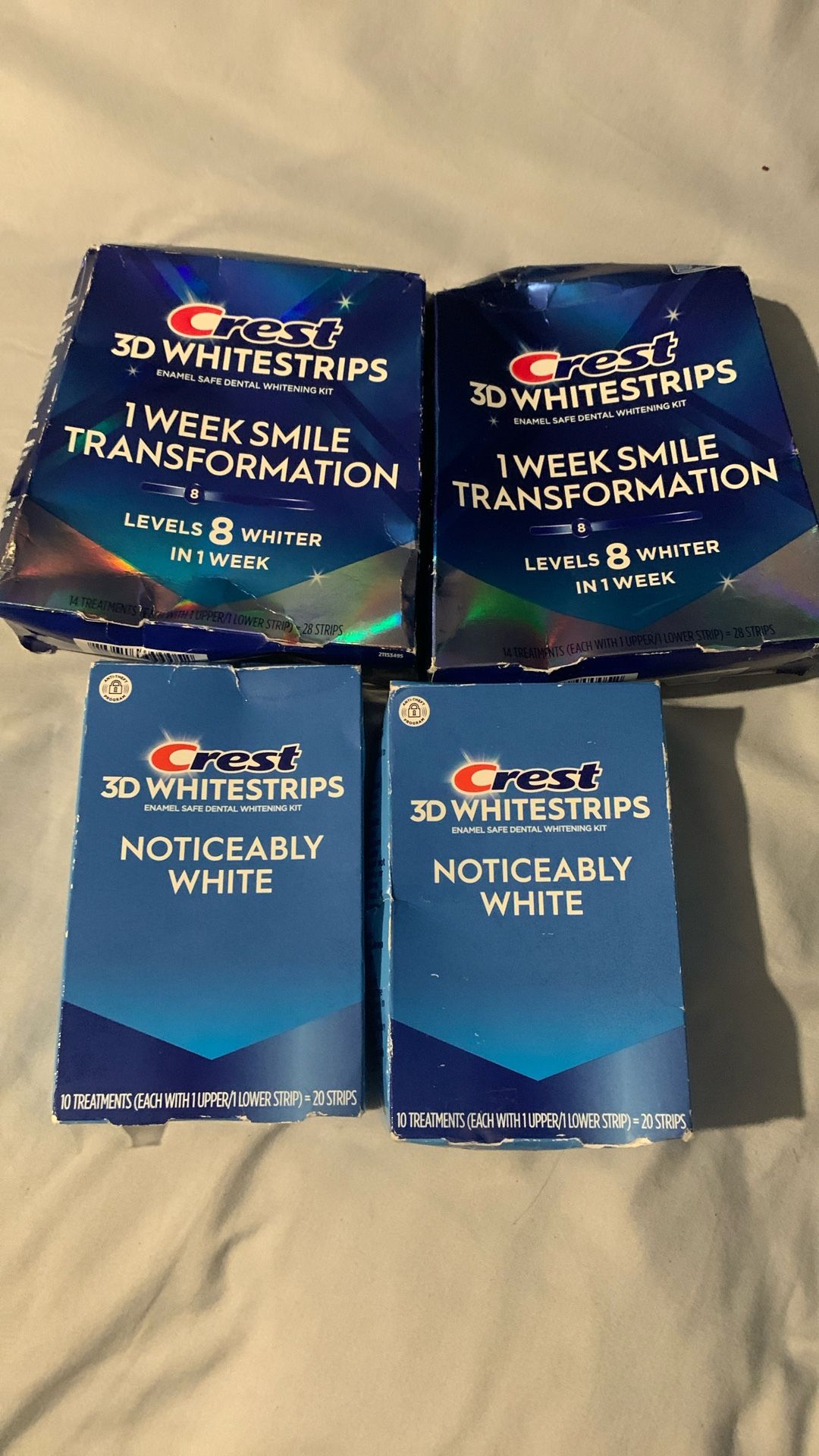 Crest 3D Whitestrips 4 Boxes Altogether - 2 Of noticeably White. 2 Of 1 Week Smile Transformation