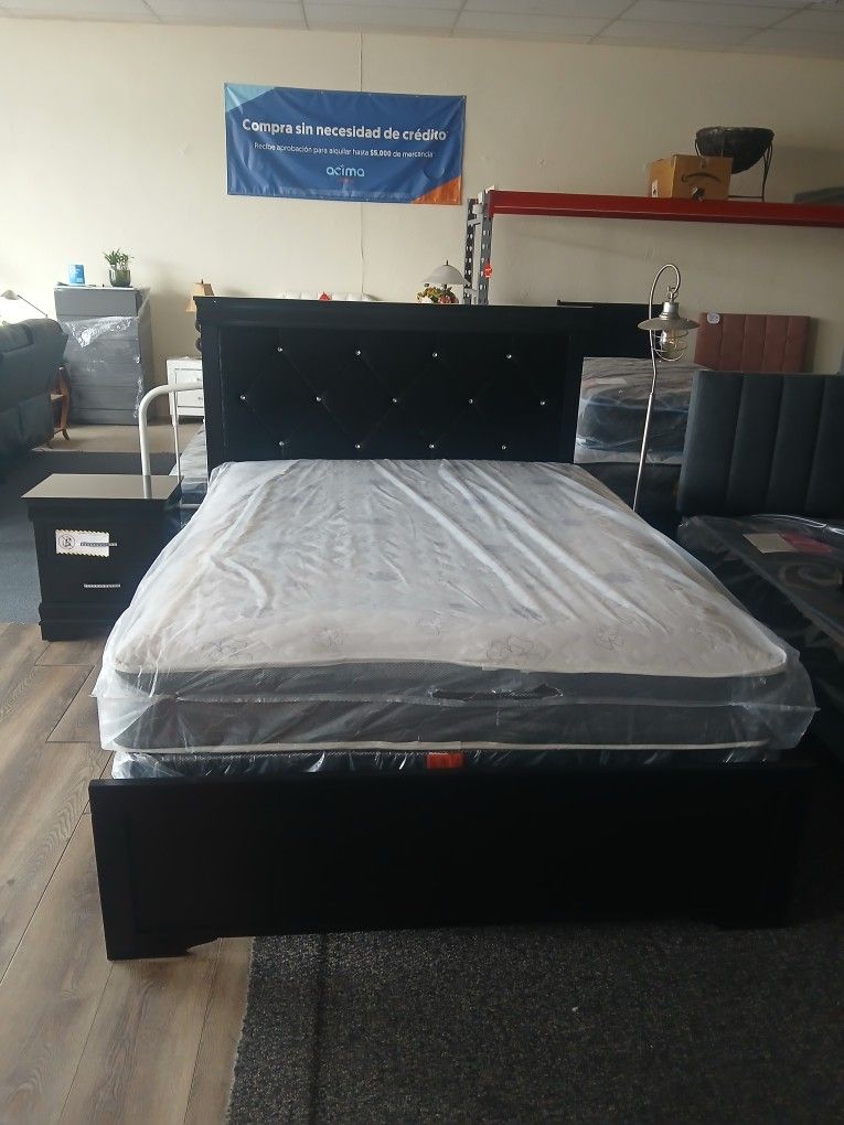 QUEEN BED FRAME, MATTRESS, BOX SPRING & NIGHT STAND