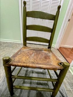 19th-Century American Country Primitive Green-Painted Ladder-Back Chair with Rawhide Seat