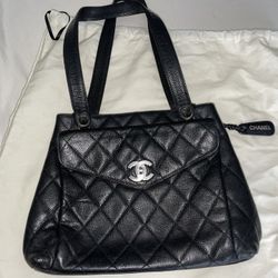 Vintage Chanel Black Caviar Leather Shoulder Bag