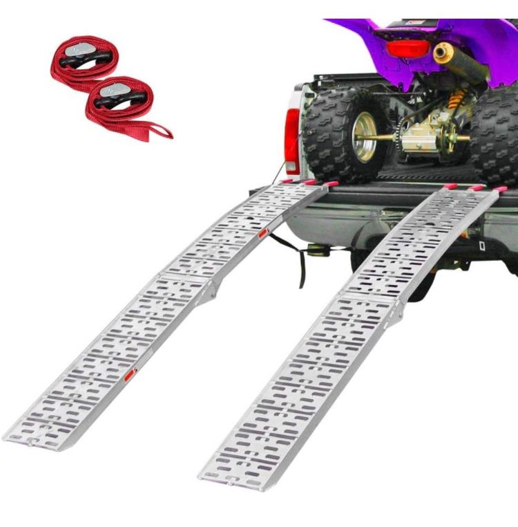 7.5' Folding Arched Aluminum Loading Truck Ramps (2 pc Set) for ATVs, UTVs, Motorcycles, Dirt Bikes, 4 Wheelers, Lawnmowers, 90" Long, 1,500 lbs Capac