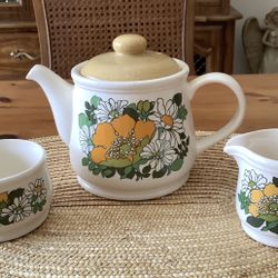 Vintage 60s Floral Sadler Tea Set/ Retro 1960s Stoneware Teapot, Sugar Bowl, Creamer•Please see all pictures 