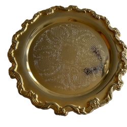 Asian Etched Goldplated Round Service Tray with Royal Floral Design 12 7/8”