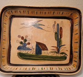Vintage Mexican Folk Pottery Bowl Tray By Daniel Santivan TLAQUEPAQUE Dish. 