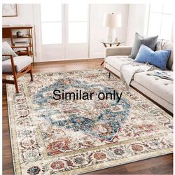 Beige Blue Washable Area Rug 8'x10' Boho Chic Medallion Distressed Design Non-Shedding Easy Care Ideal for High Traffic Areas in Living Room Bedroom O
