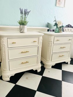 Matching Pair White Ornate 2 Nightstands with Gold Pulls