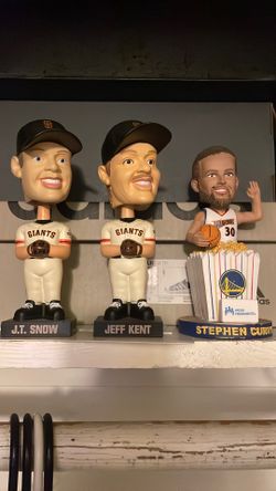 Cash only Five bucks each One Golden State, Stephen Curry, bobble head, and two Giants baseball players bobble head
