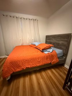 Full Bed Frame, Mattress, and Dresser with Mirror