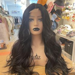 Human hair blend lace front black wave wig