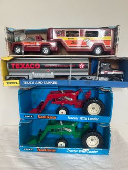 SET OF 3 RANDOM ERTL VINTAGE TRUCKS AND 1  NYLINT FARM TRUCK  ALL NEW