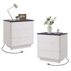 22" Modern Nightstand with Charging Station, Large Push-to-Open End Table, Wood Bedside Table w/Curved Profile Design Handleless 3 Drawer Night Stand