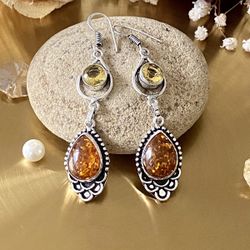 Baltic Amber And Citrine 925 Sterling Silver Overlay Handcrafted Earrings