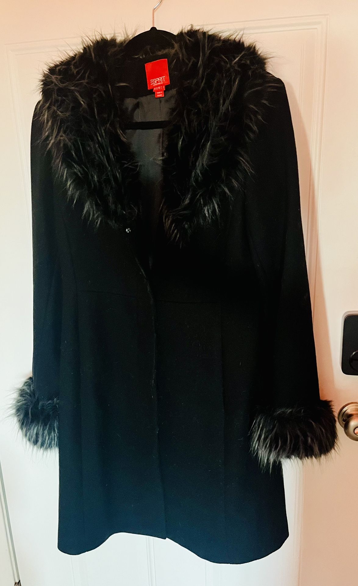 Black Faux Fur Trimmed Mid length Coat
