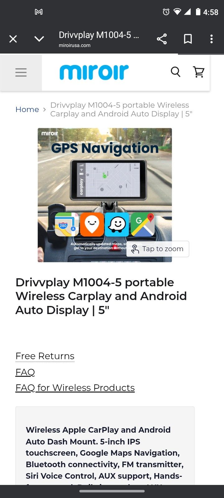 Drivvplay M1004-5 portable Wireless Carplay and Android Auto Display | 5"