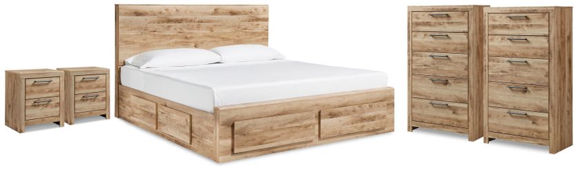 Hyanna Tan Brown King Panel Bed, 2 Chests and 2 Nightstands