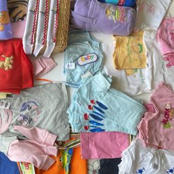 46 piece Infant, Baby, Child Gifts, blankets, shirts, bags, baskets.  