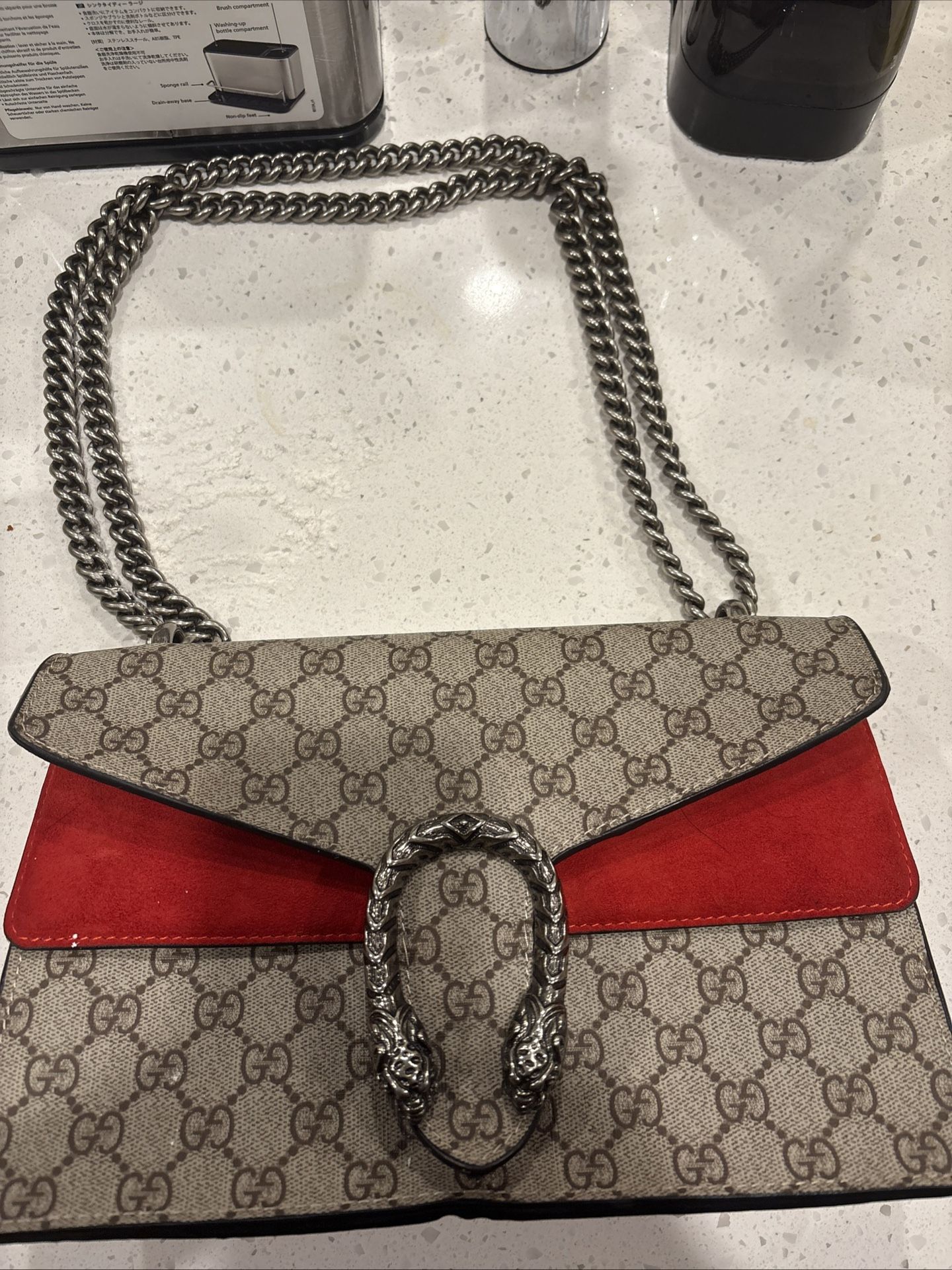 Gucci Supreme monogram Suede Medium Shoulder Bag Beige Ebony Vulcanic Red
