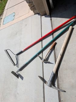 4-Piece Garden & Landscaping Tool Lot (Rakes, Hoe, Picks)